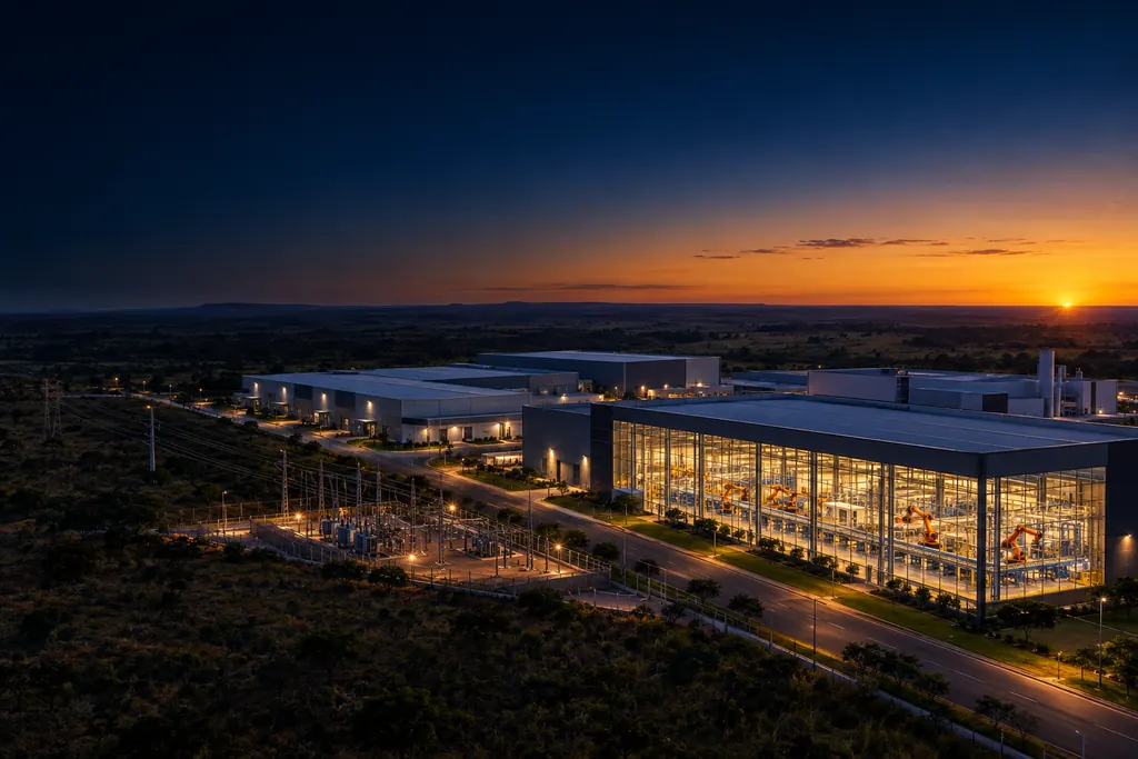 Ilustração: parque industrial ao entardecer, com galpões, linha de produção iluminada e subestação